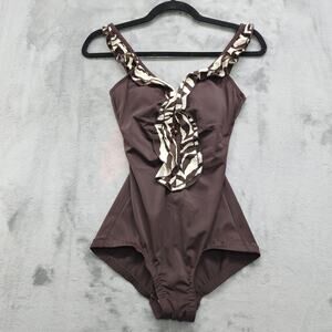Maxine of Hollywood Swimsuit Womens 6 Brown Zebra Ruffle Slimming One Piece